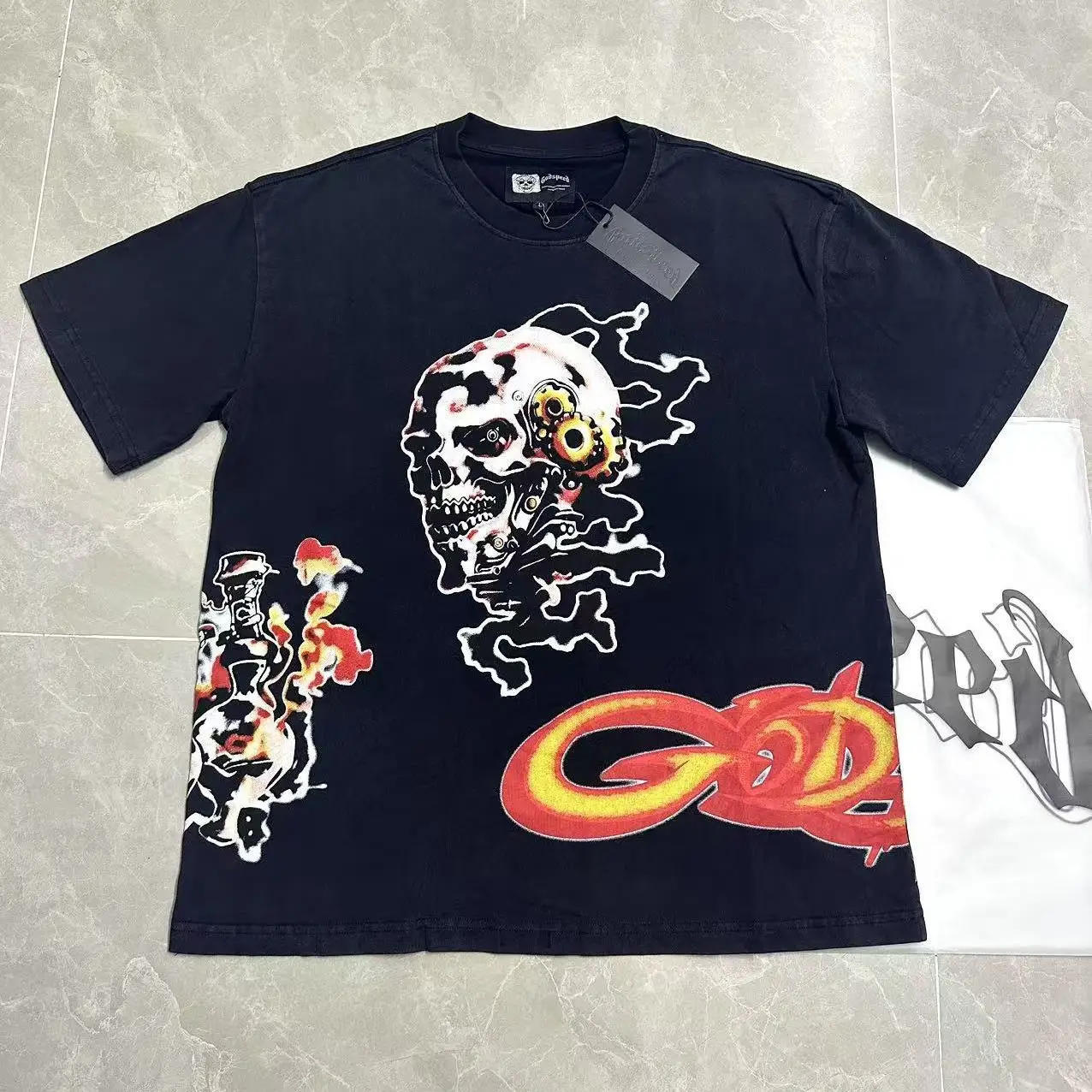 Godspeed Robot Print T-Shirt Vintage Washed Cotton Loose Fit Short Sleeve Street Style Retro High Street Pure Cotton Tee