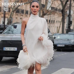 Nersesyan Fashion Satin Wedding Dresses A-Line Feathers High Neck One Sleeves Bridal Gowns Mini Solid Bride Dress robe de mariée