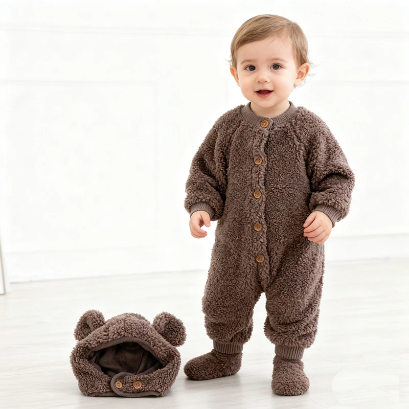 

2025 New Winter 0-24M Baby Boys Girl Thicken Warm Clothing Long Sleeved Solid Color Jumpsuit Toddler Baby Thicken Warm Romper