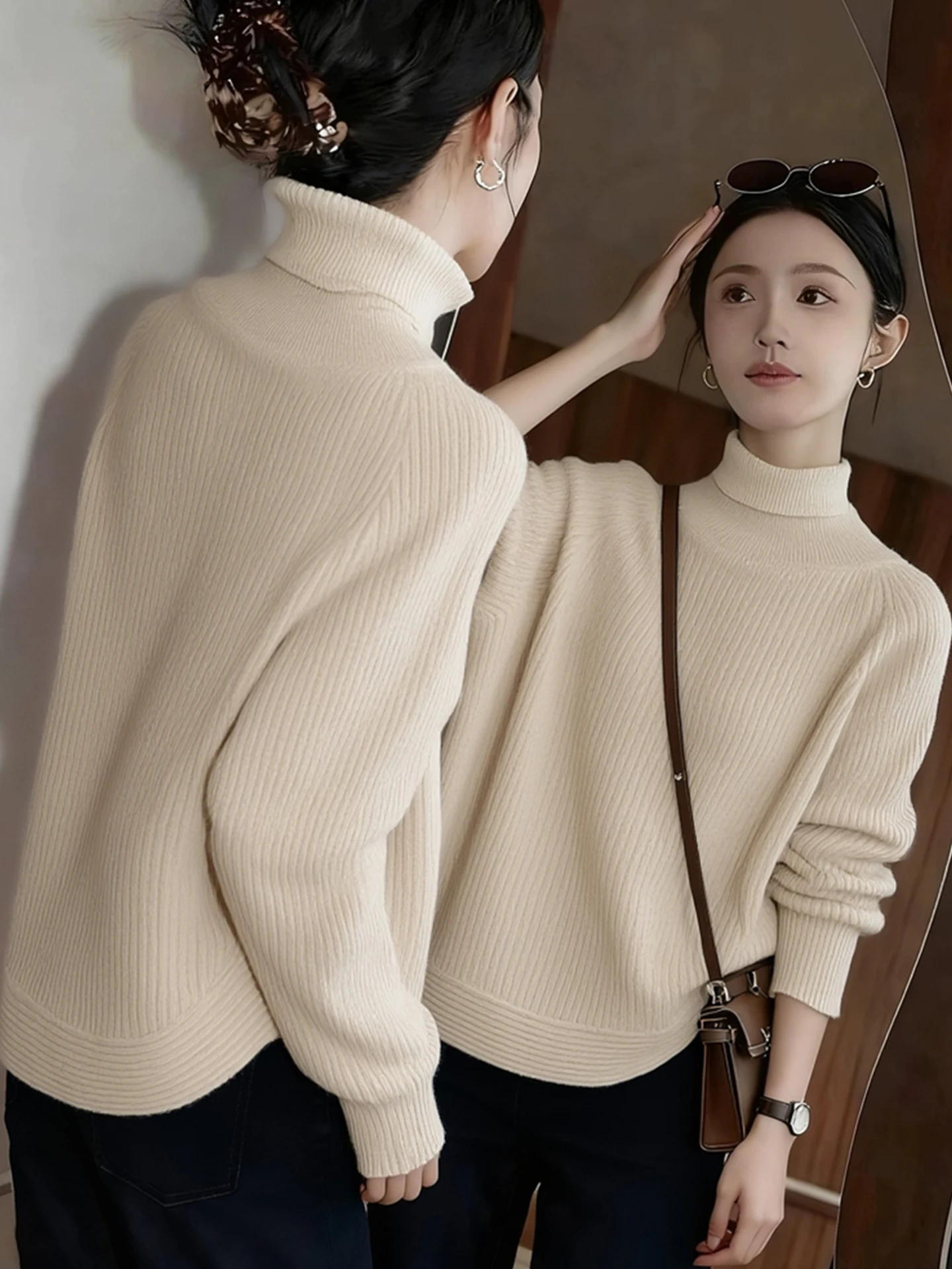 

Winter Casual Loose High Collar Design Camere Knitted Sweater Faionable Pure Color Long Sve Top Korean Sle Commute