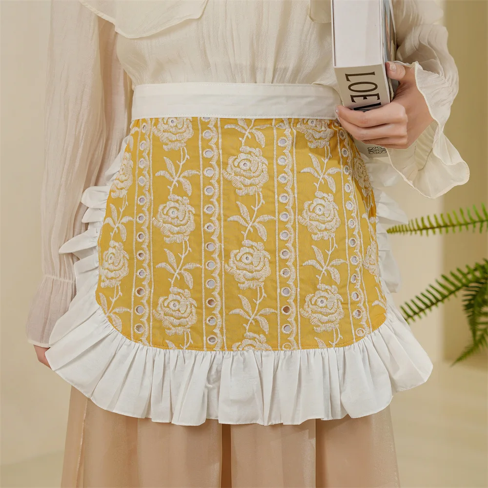Embroidered Ruffled Half Apron Women Fashion Cotton Short Waist  Home Kitchen Daily Wear