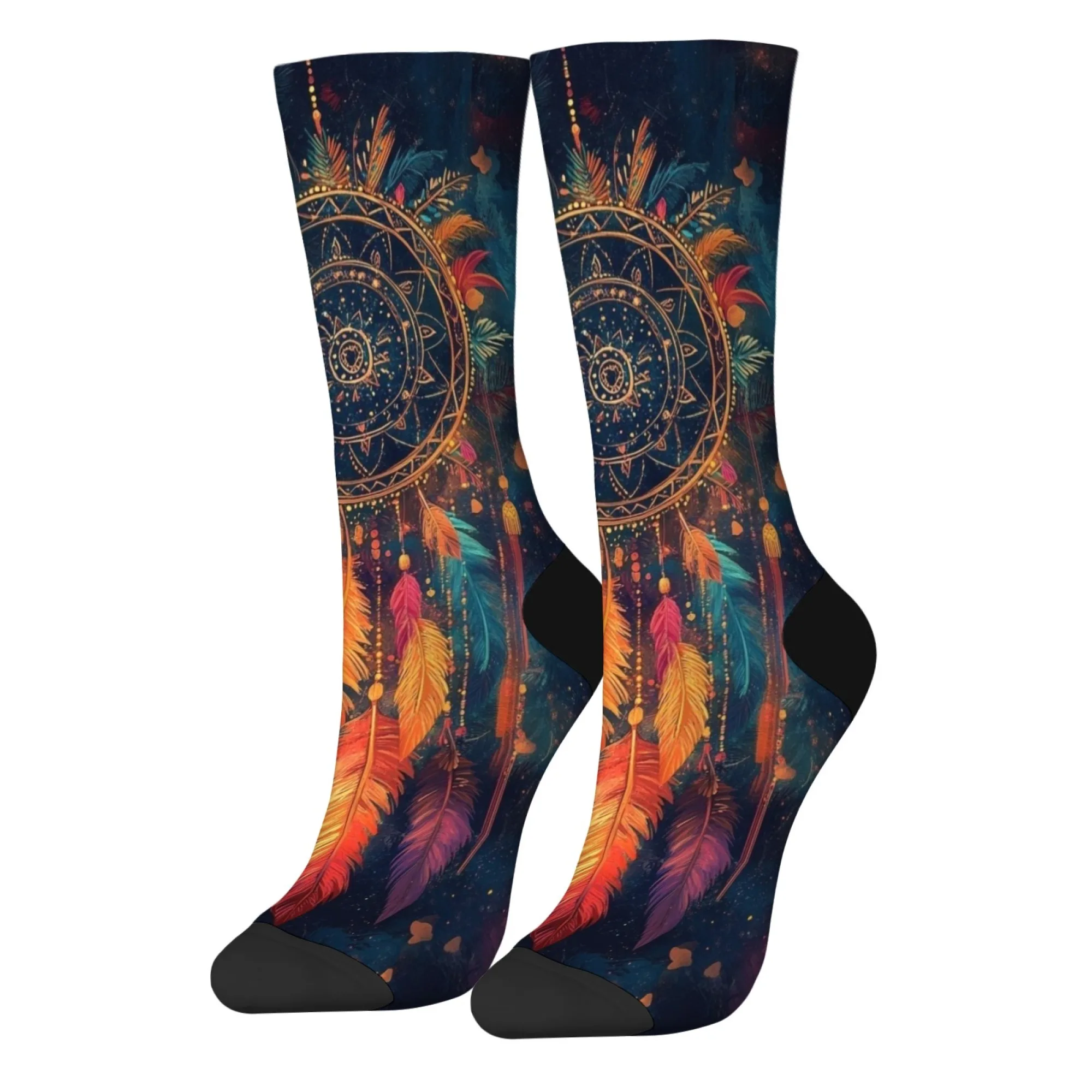 原宿レトロエスニックスタイルドリームキャッチャーパターンプリントメンズソックス、斬新なストリートトレンドエスニックスタイルクルーソックスパーティーギフト