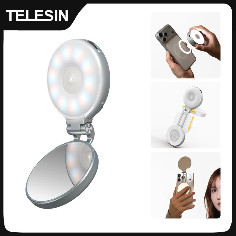 TELESIN Magnético 360 °   Luz de Preenchimento RGB Rotativa Mini para Selfie com 3 Modos de Cor e Brilho Ajustáveis para Smartphone iPhone Android