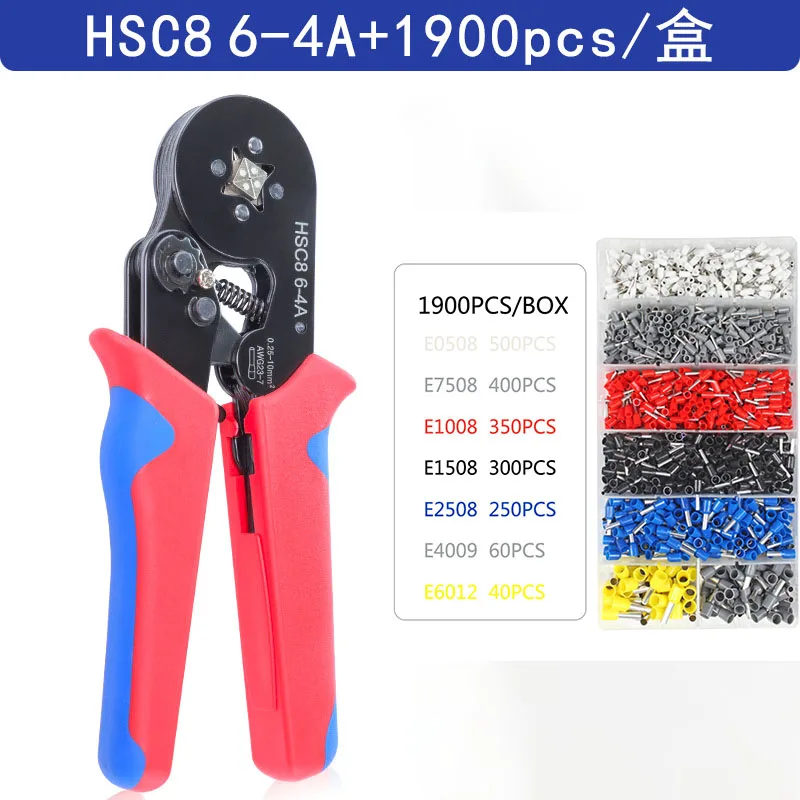 2024 Hex Self-Adjusting Ratchet Ferrule Crimp Tool Kit 23-10AWG 0.25-6mm² Crimp Kit, 6-4 6-6 with 1900 pieces wire terminals