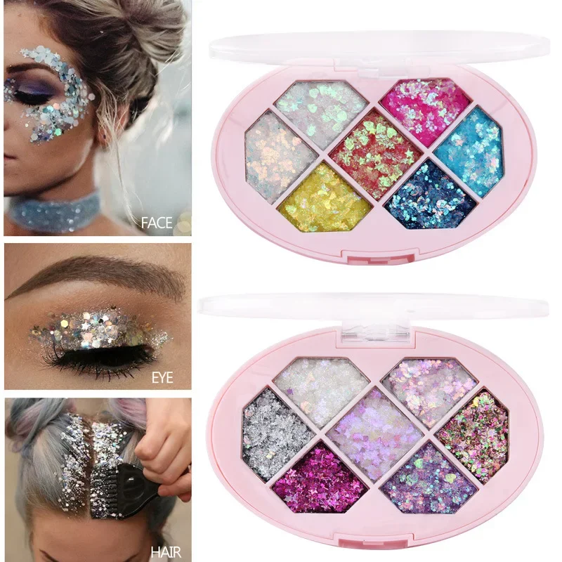 Paleta de sombras com lantejoulas e diamante, 7 cores, pigmento brilhante, brilho facial, estrela, lua, sobrancelha, fragmento de maquiagem