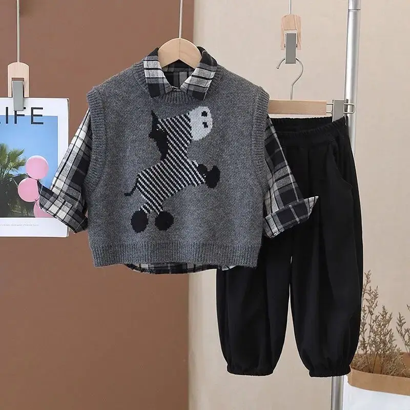 

Boys' autumn clothes set new handsome children's sweater vest shirt pants three piece set kids outfit 90-140cm