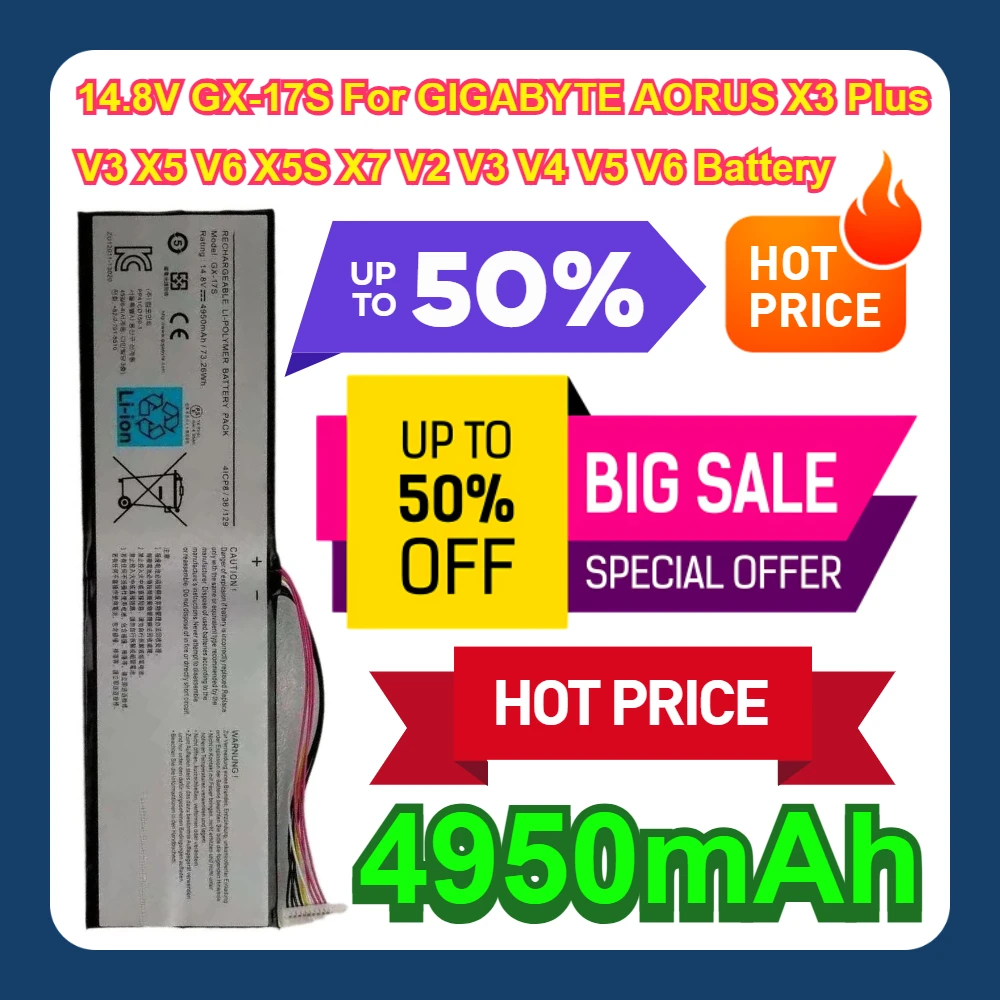 

14.8V GX-17S For GIGABYTE AORUS X3 Plus V3 X5 V6 X5S X7 V2 V3 V4 V5 V6 4950mAh Battery