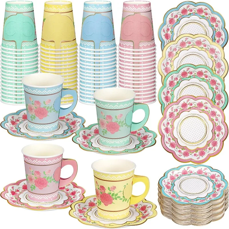 200 Pcs Floral Paper Tea Cups and Saucers Set, Severs 100 Disposable Paper Tea Party Supplies 9 oz with Handle and Saucer