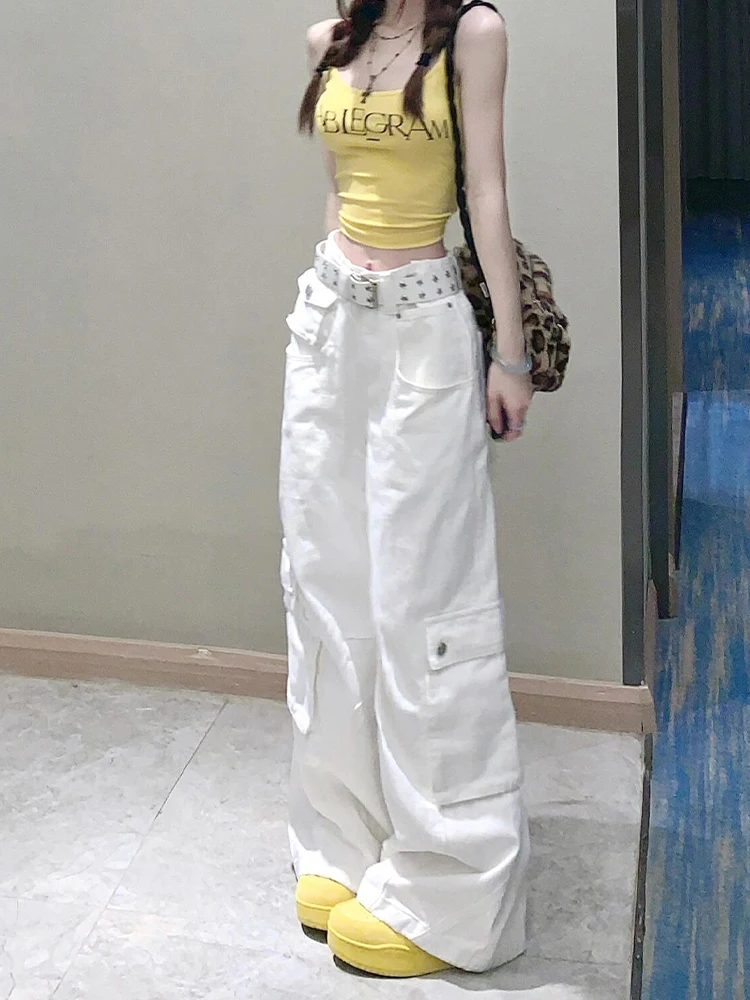 

American heavy industry multi-pocket white overalls female summer new spice girls loose wide leg slimmer straight leg denim pant