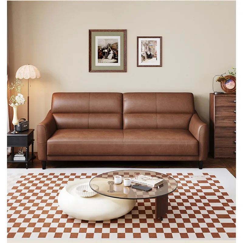 Medieval three-person small apartment oil wax leather sofa living room 26 new retro double cowhide sofa straight row