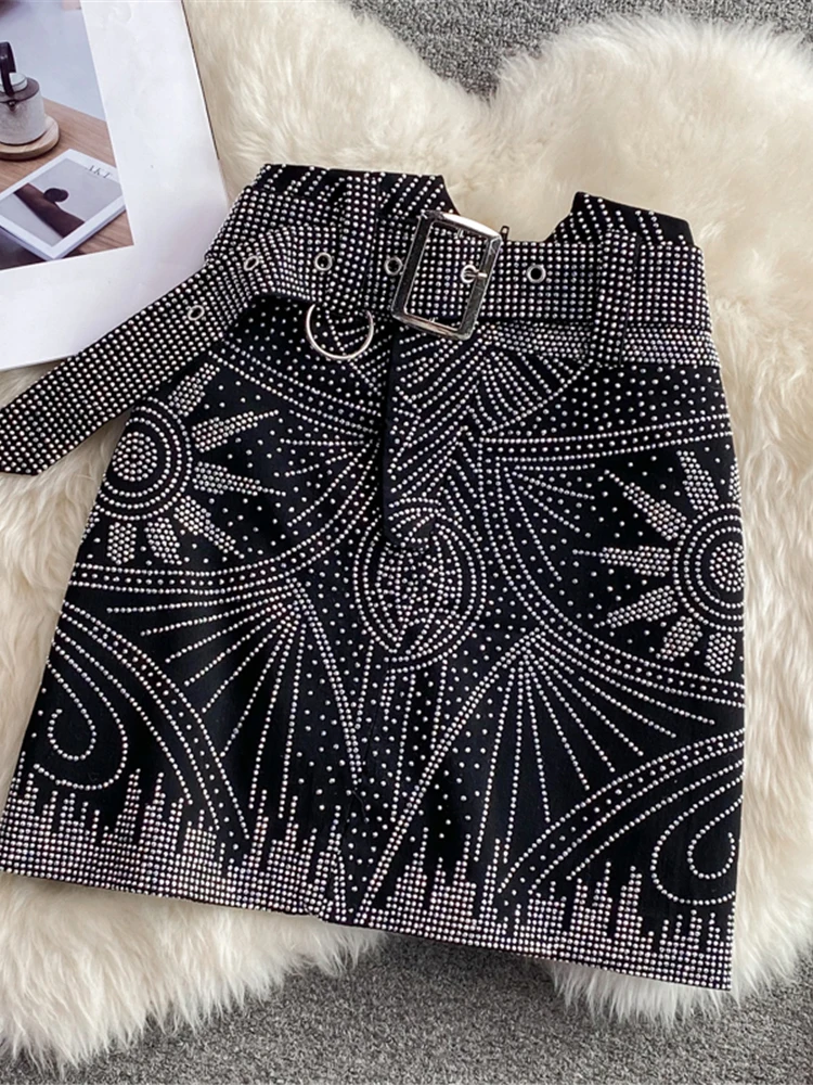 Autumn Women Diamonds Mini Skirt Sexy Black High Waist Sheath Faldas Female Skirt With Belt New Fashion 2023