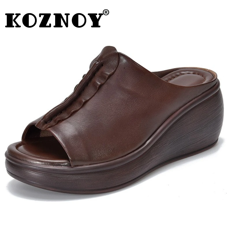 

Koznoy 7cm Cow Genuine Leather Peep Toe Summer Ankle Booties Women Sandal Fashion Platform Wedge Pumps Flats Shoes Slipper