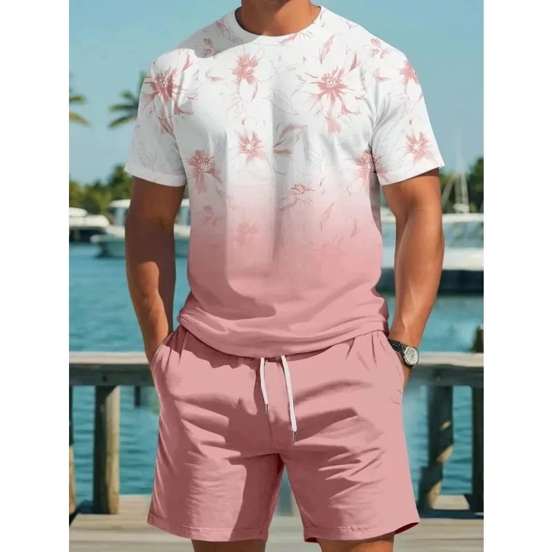 2025 Summer Men's Sportswear T-shirt Set 3D Printed Tropical Floral Women's Round Neck Short Sleeved Shorts Beach Vacation Suit