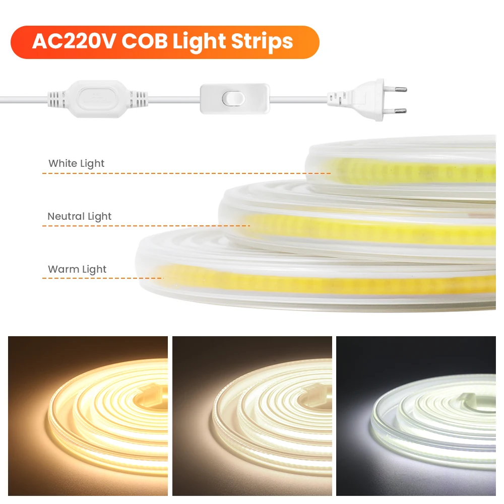 COB LED Strip 220V EU/UK Switch Plug Neon Light 288LEDs/m Linear Lighting Flexible Outdoor Waterproof Lamp 3000K 4000K 6000K