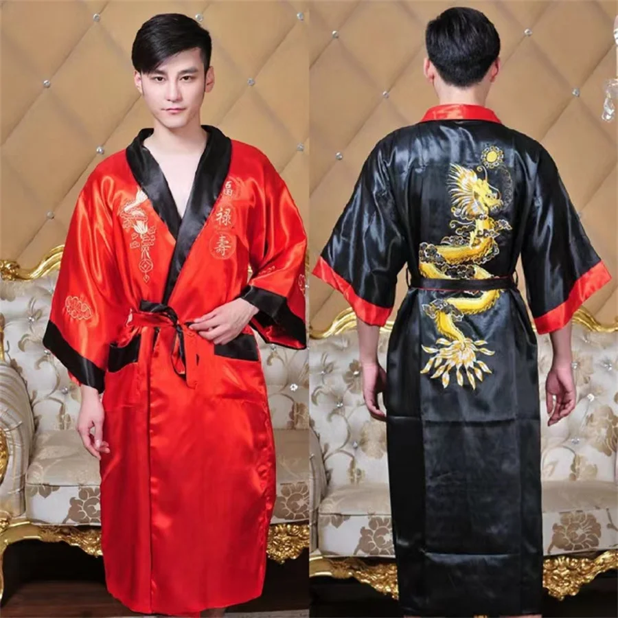 Summer Rayon Kimono Bathrobe Men Night Gown Two Side Wear Sleepwear Dragon Embroidery Shower Robe Men Novelty Home Clothing