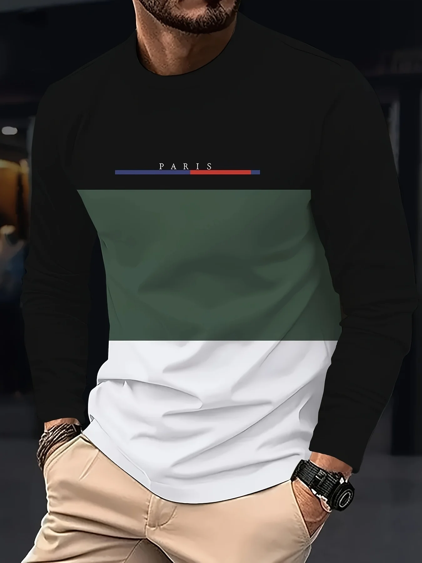 Men's printed casual long-sleeve shirt, street-style trendy fashion T-shirt, breathable, versatile for outdoor wear, loose fit.