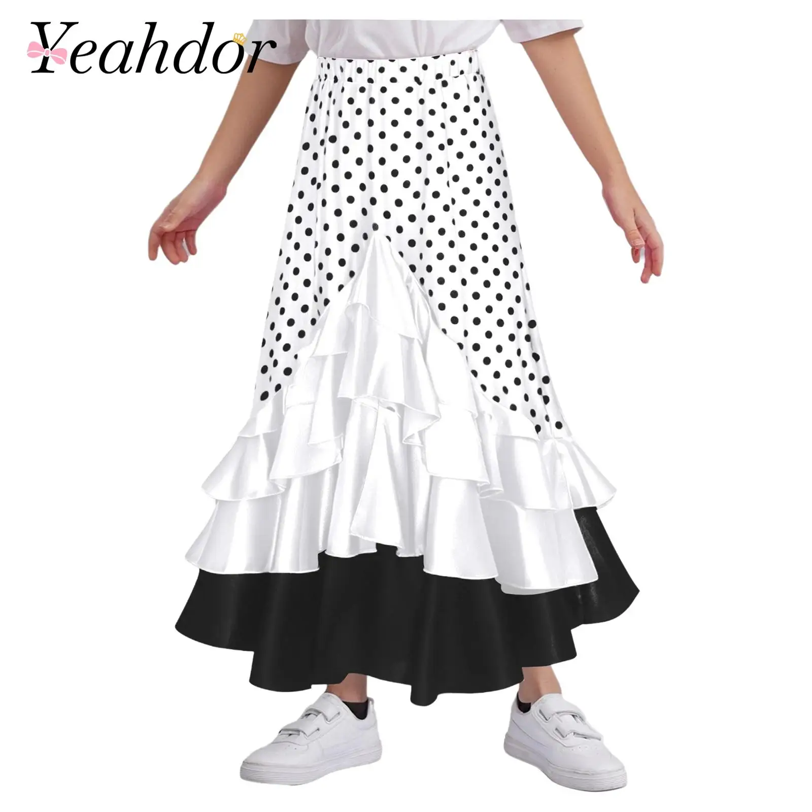 Girls Spanish Flamenco Polka-Dot Skirt Kids Elastic Waist Layered Ruffled Skirt for Bullfight Performance Halloween Costume