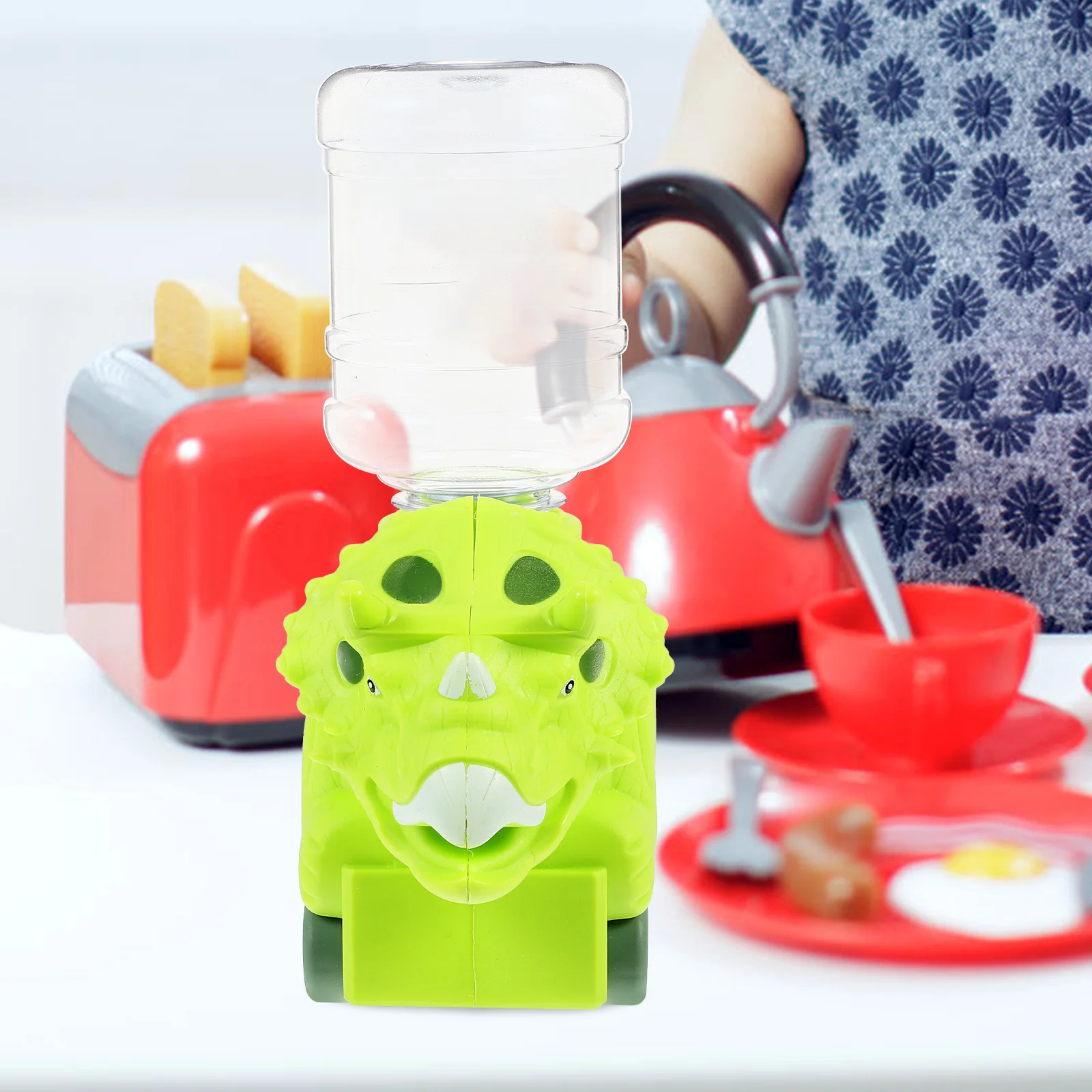 Mini dispensador de agua de dinosaurio, pequeño dispensador de agua pequeño de plástico de dibujos animados para niños, juego de simulación, cocina, dormitorio, escritorio en miniatura
