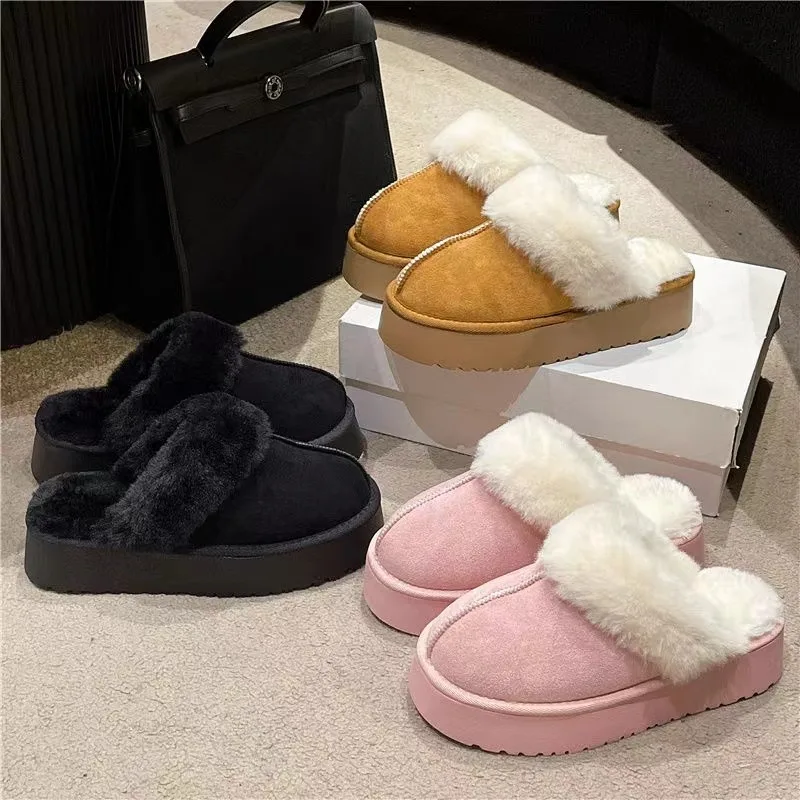 Pantofole in pelliccia donna sandali invernali in peluche di lusso Slip on Platform Slides scarpe da casa in cotone firmate con suola spessa