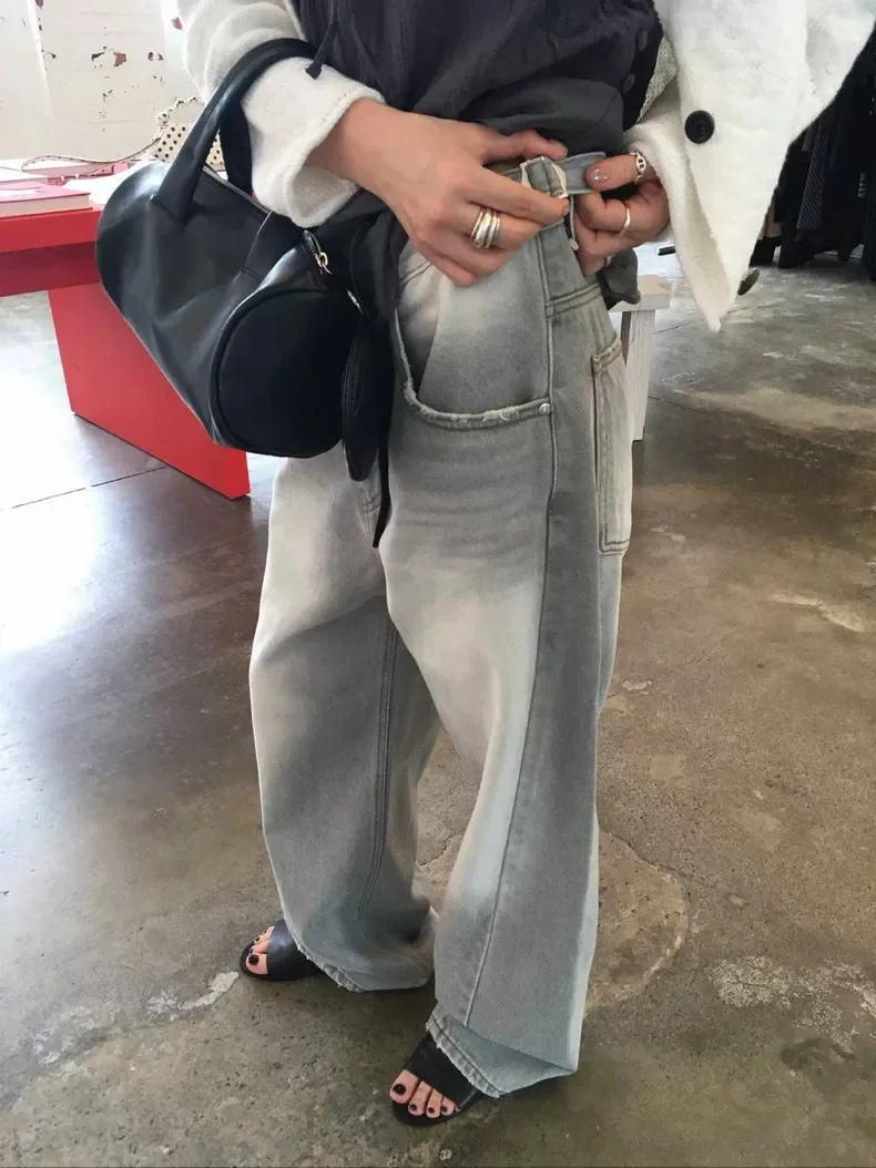 

Spring 2026 High Waist Straight Leg Denim Jeans Women's Vintage Washed Korean Style Loose Fit Cotton Stretchy Ladies Pants