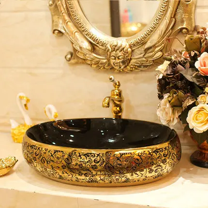 

Luxious Golden Flowers Oval Porcelain Countertop Bathroom Sink