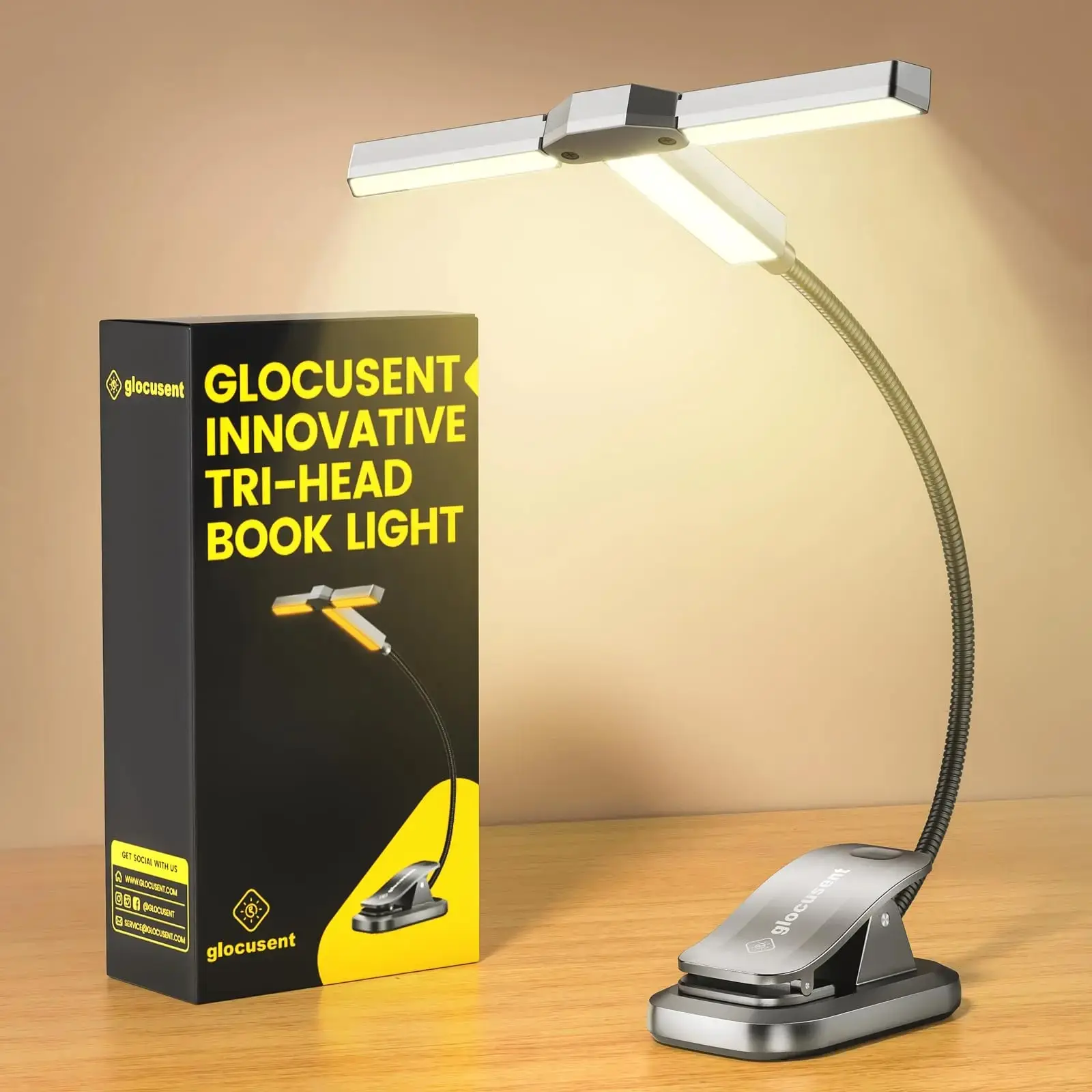 Tri-Head Book Light for Reading at Night, 1000mAh Rechargeable Reading Light with 30-Min Timer,3 Colors Nightlight Reading Books
