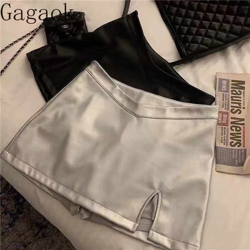 

Gagaok Spicy Girl PU Leather Black Woman Skirt 2025 Summer A-line Bodycon Skirts Street Casual High Waist Slimming Slit Skirt