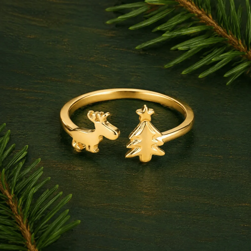 Cute Unique Christmas Tree Ring Lightweight Stackable Reindeer Ring Delicate Retro Adjustable Ring Daily