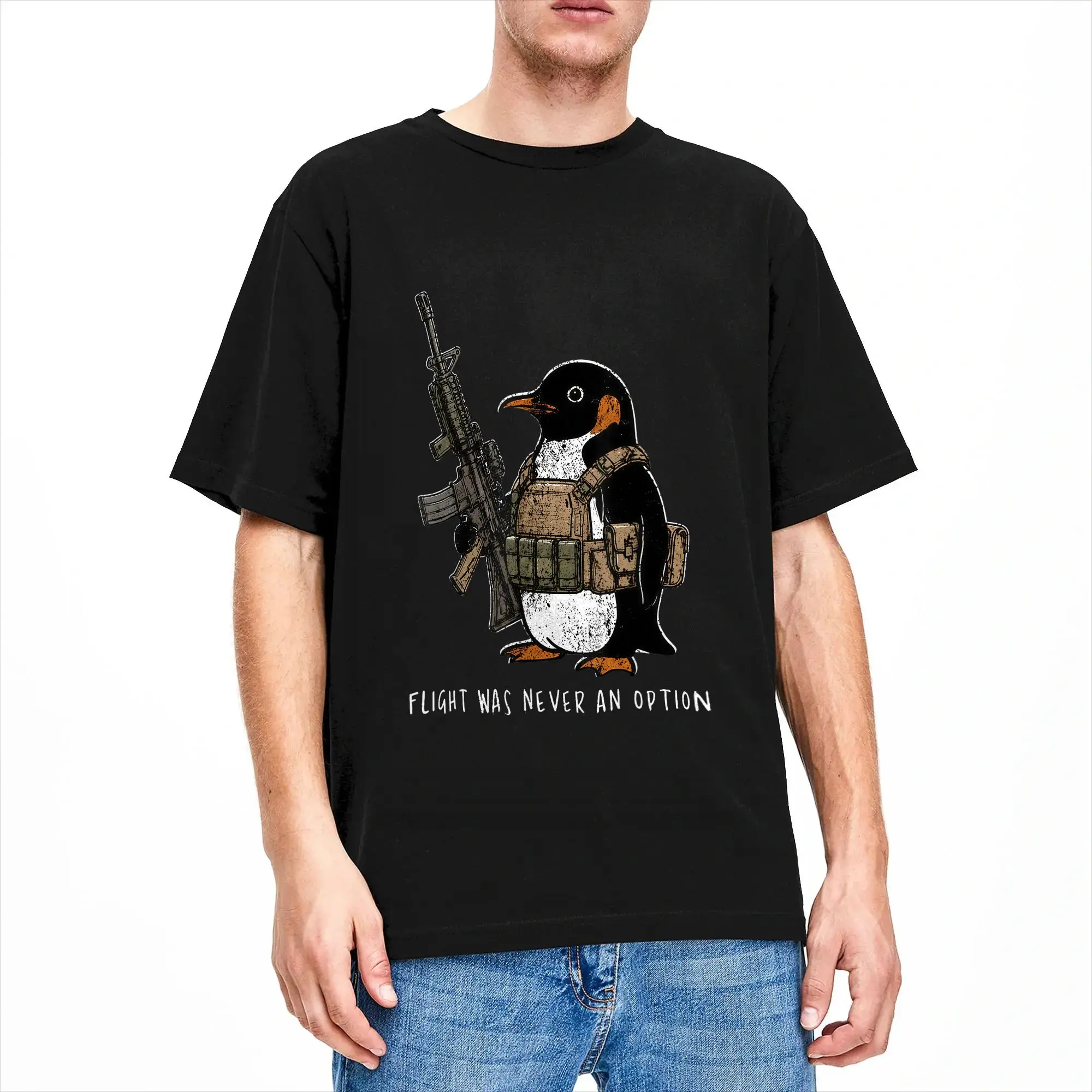 Crazy Flight was Never an Option Tactical Penguin Funny Bird Meme T-Shirt for Men O Neck Cotton T Shirts  Short Sleeve Tee Shirt
