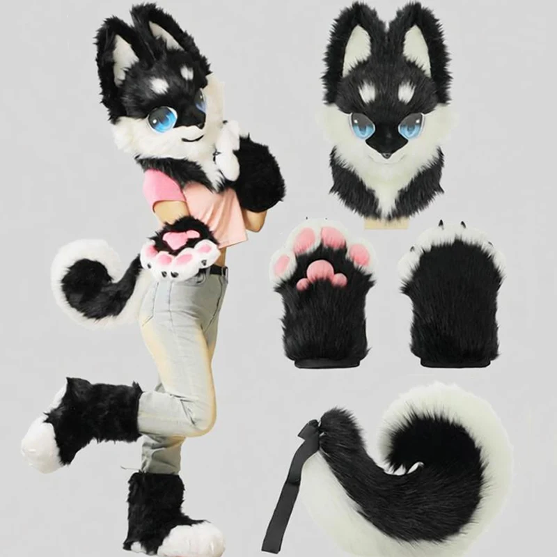 Animal Kawaii Fursuit Dog Wolves Beast Kigurumi Mascot Costume Plush Mask Claws Paws Tail Furry Suit Kig Accessory Party Prop