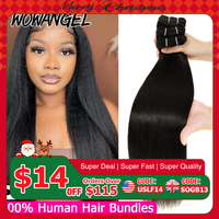WOWANGEL Light Yaki Straight Human Hair Bundles Bouncy Fluffy Kinky Straight Virgin Hair Extensions Natural Black Double Weft
