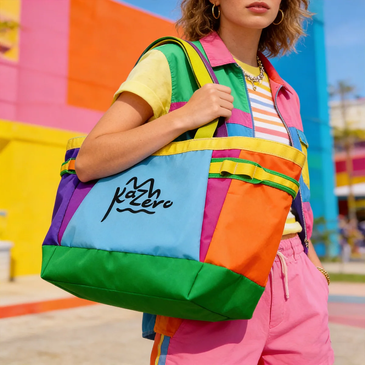 

Dopamine Sporty Women Tote Bag Colorblock Logo Shoulder Bag Layered Large Capacity Multi Function Handbag for Commute Sports