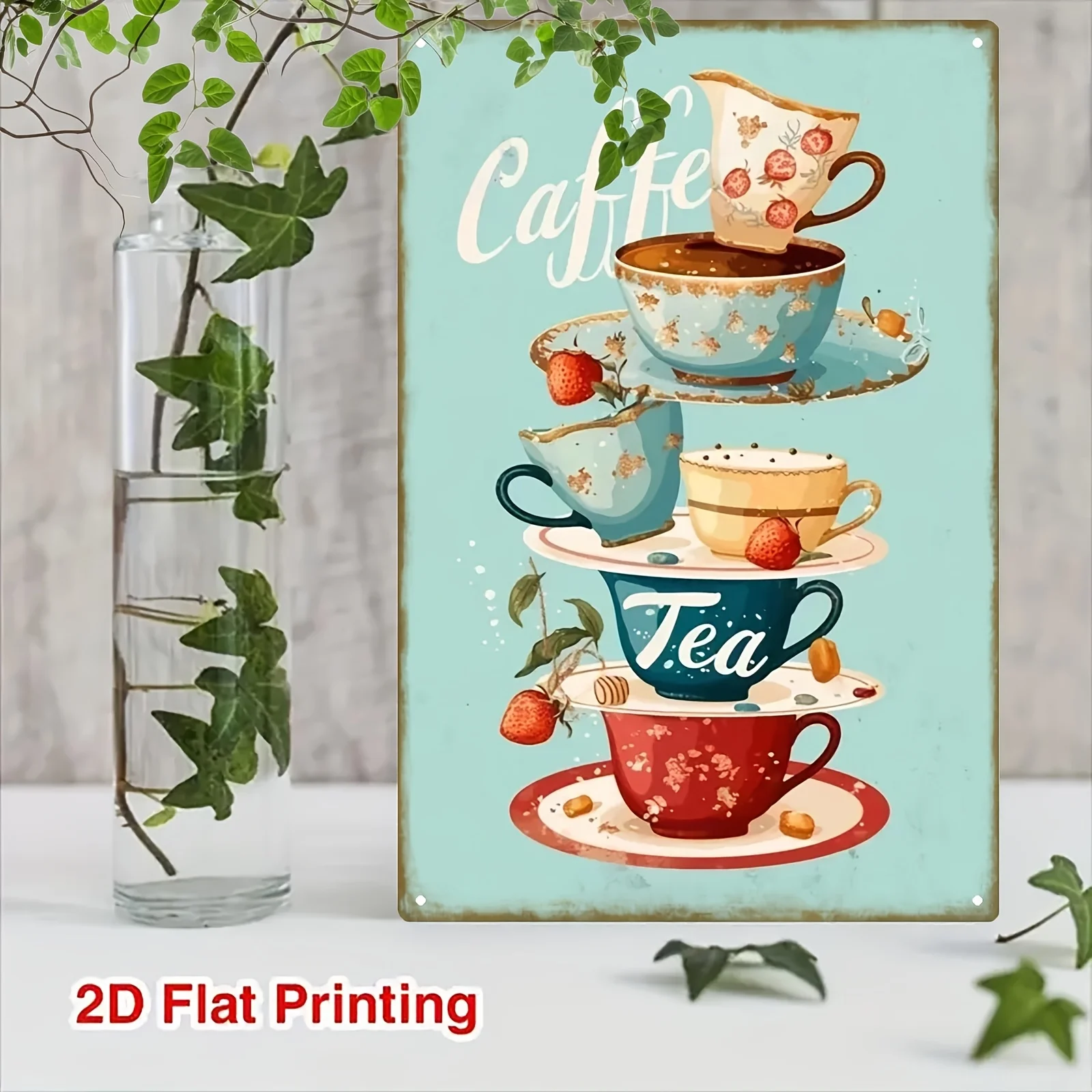 Letrero Metálico Retro Plano 2D, 1 Pieza, 20*30cm/8*12 Pulgadas | Arte en Placa de Hierro con Diseño de Juego de Té y Estampado de Café y Té | Perfecto