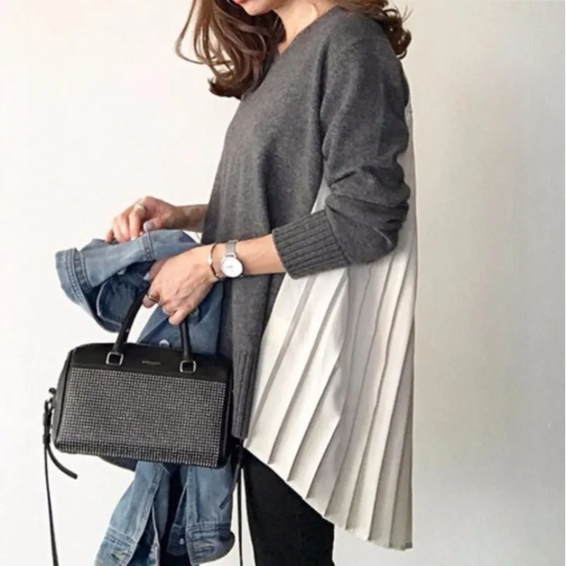 

Модный негабаритный искусственный свитер из двух предметов, женский шифоновый лоскутный трикотаж, универсальный топ, теплый круглый свитер Ne Long Sve