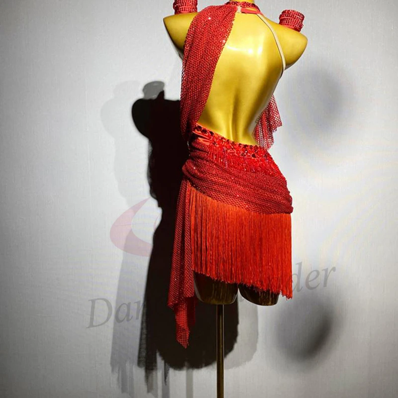 Strój do tańca latynoamerykańskiego dla dorosłych i dzieci, ekskluzywny, szyty na miarę, czerwona siatka z diamentami, frędzle, tango, samba, kamienie AB, strój na występy.