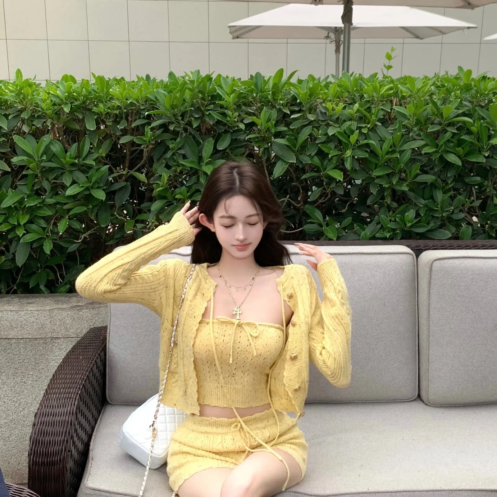 

Korean Pure Sexy Suit Women's Summer Cardigan Jacket Knitted Strapless Vest Wrap Hip Shorts Three-piece Set Female Clothes
