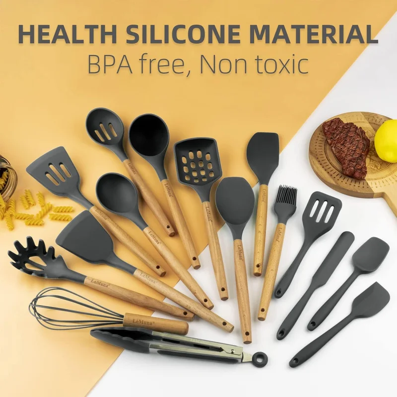 Silikon-Kochutensilien-Set, Küche mit Halter, Spatel mit Holzgriff, Heat Resi