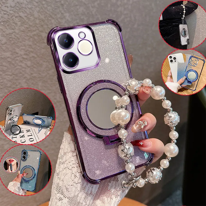 

Bling Glitter Lipstick Mirror Stand Phone Case For Realme Note 70 T Narzo 80 Lite With Pearl Chain Anti-drop Shockproof Cover