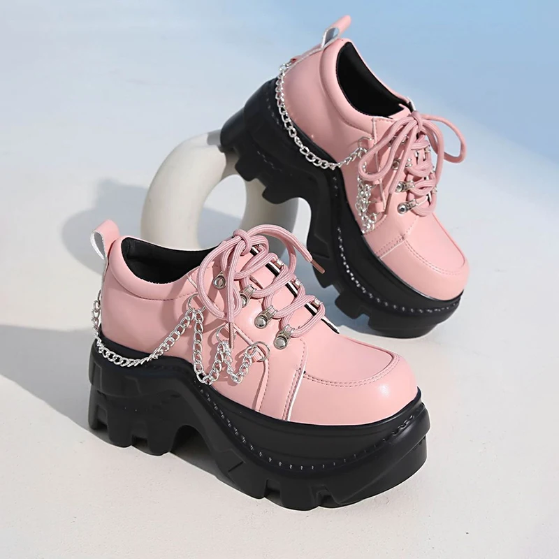 

Punk Spice Girls Pink Platform Shoes Korean Fashion Chain Design Large Size 42 Loafers Subculture Commuting Uniform Woman Shoes