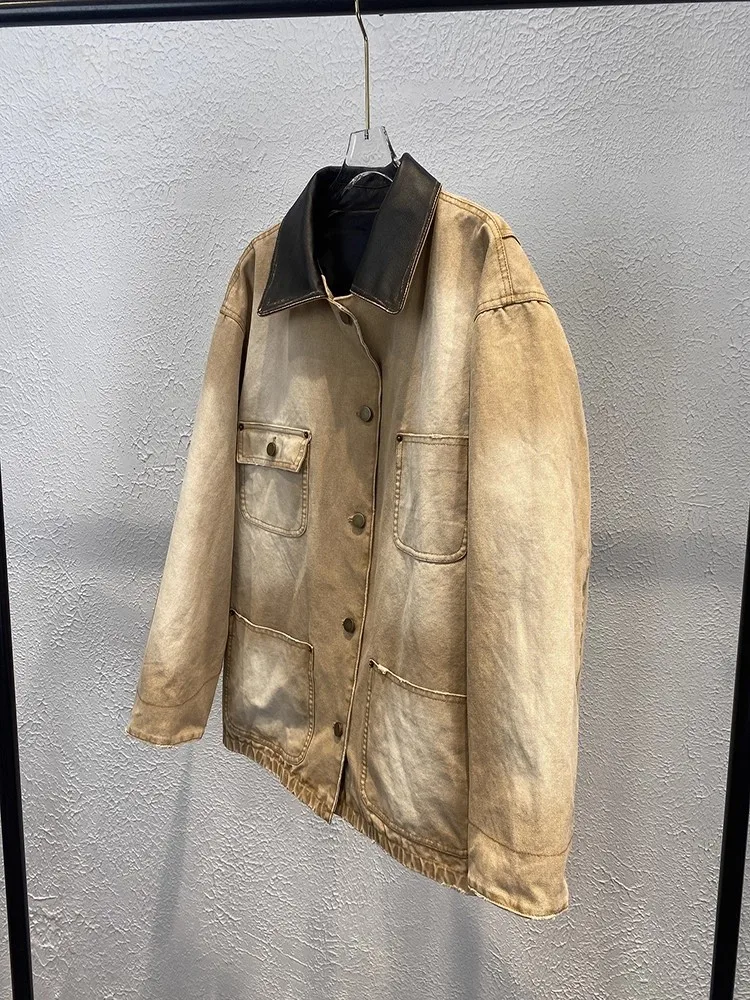 جديد ملابس العمل نمط جلد البقر تقسم الدنيم الرجعية المرأة سترة متعددة جيب معطف الخريف الشتاء شيك السيدات فضفاضة تناسب ملابس خارجية