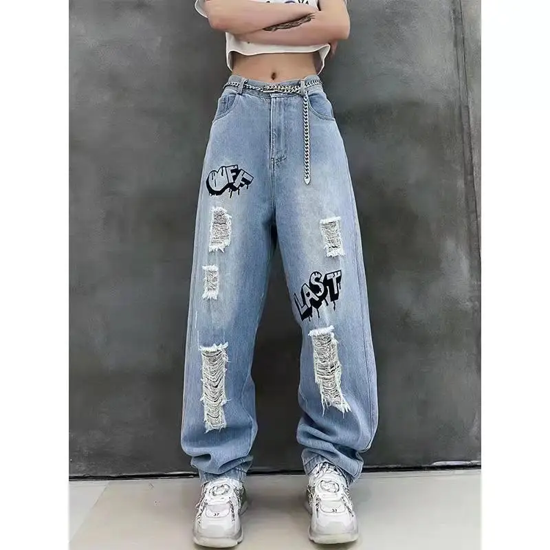 

Y2k Women Graffiti Hole Wide Leg Jeans Streetwear Fashion Casual Pants Spring Summer New High Waist Loose Vintage Denim Trousers