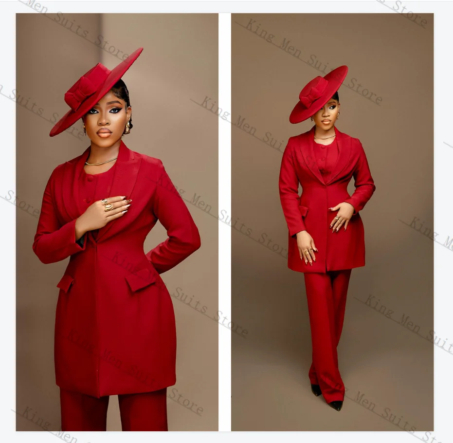 Red Women Suits Set 2 Piece Blazer+Pants Trousers Cotton Mother Guest Customized Office Lady Jacket Wedding Tuxedo Prom Coat