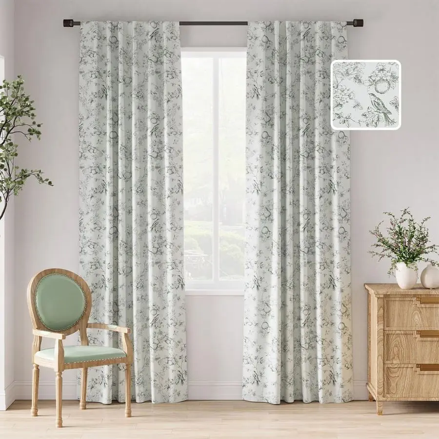 Cortinas Opacas con Estampado Floral, 95% de Opacidad, 84 Pulgadas de Largo, Color Verde Salvia, para Dormitorio, con Ojales y Pestañas Traseras