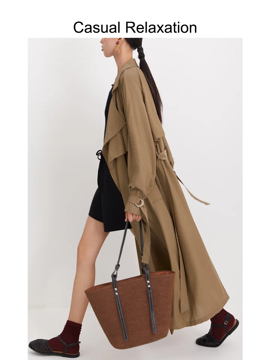 Chaqueta Cortavientos para Mujer, Primavera-Otoño, Color Marrón Claro, Estilo Británico, Corte Recto, Larga, con Cinturón, para Exteriores...