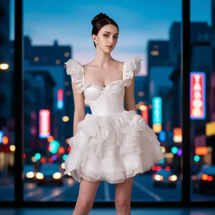 Biała koronkowa suknia wieczorowa z odkrytymi ramionami i falbankami, romantyczna satynowa suknia, suknia na przyjęcie weselne, tiulowa suknia, haftowana flora.