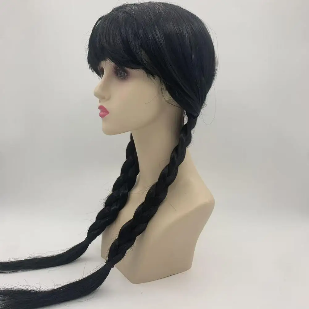 Kids Black Double Braid Flat Bangs for Girls Wednesday Role-playing Synthetic Wig Suitable for Parties Girl Wednesday Cosplay