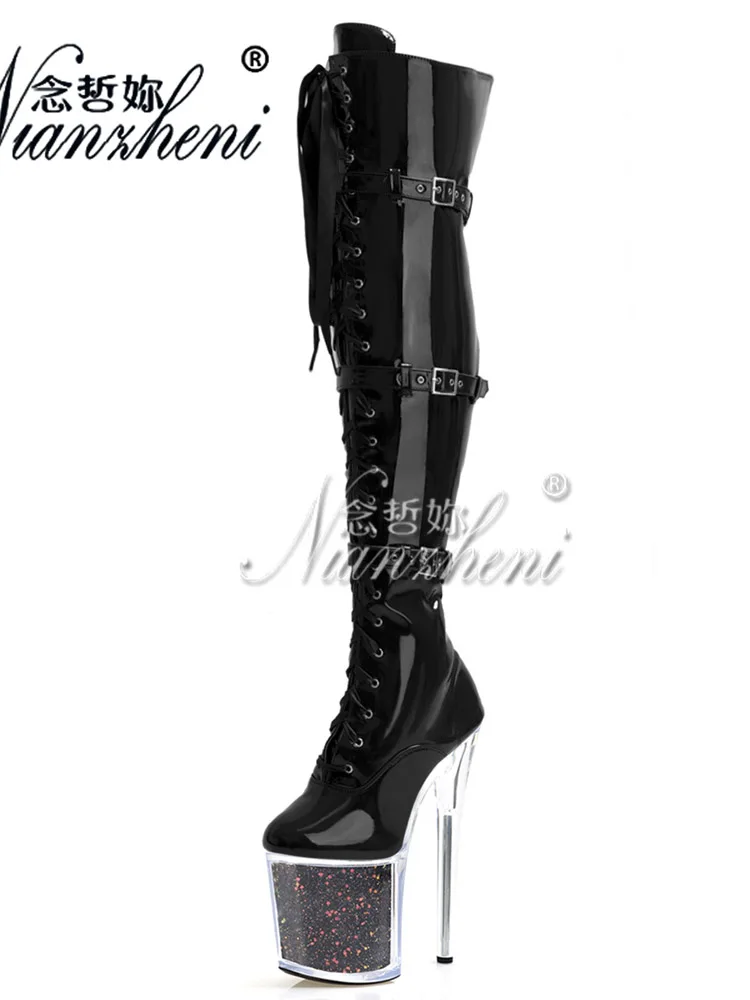 Round Toe 20cm Belt Buckle Sexy Fetish Gothic Pole Dance Shoes Over The Knee Boots Platform 8 Inches Stripper Thin Heels Exotic