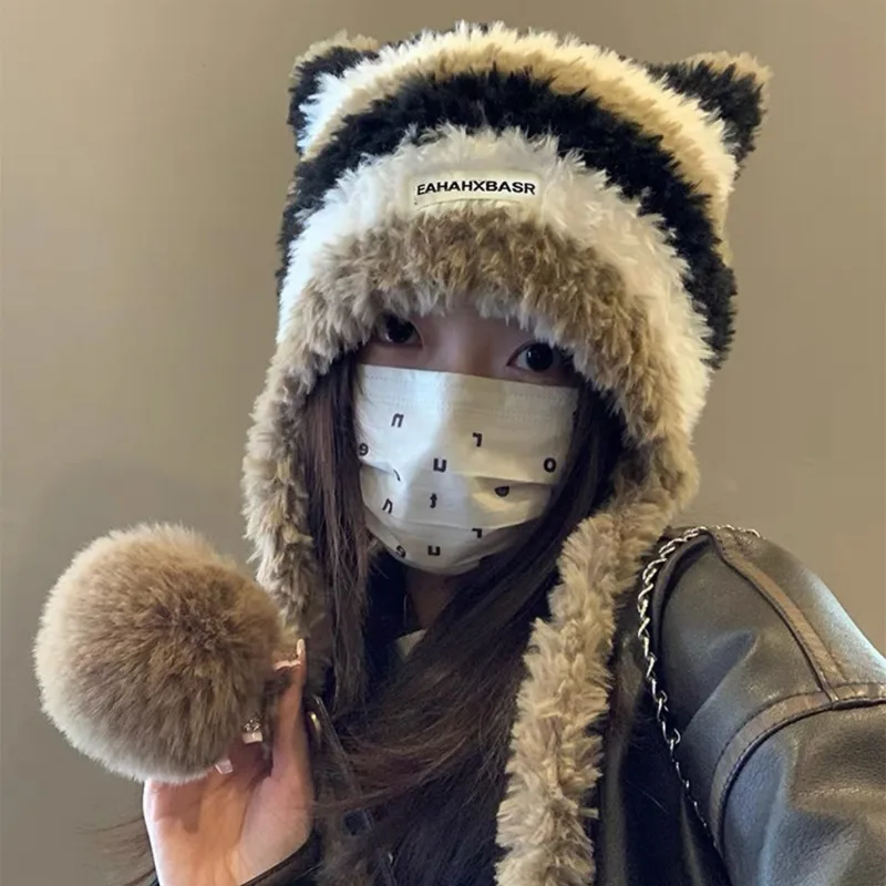 New Cat Ear Stripe Wool Hat Women Double Wool Ball Autumn Winter Warm Long Tie Ear Protection Windproof Knitted Beanies Cap Cute