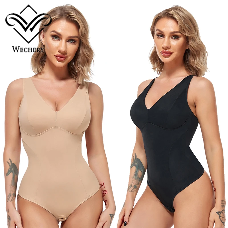 Wechery Women Chic Shapewear Bodysuit Sexy V-Neck Bodysuits With Removable Cup Body Shaper Skinny Black Slimming Underwear Bods