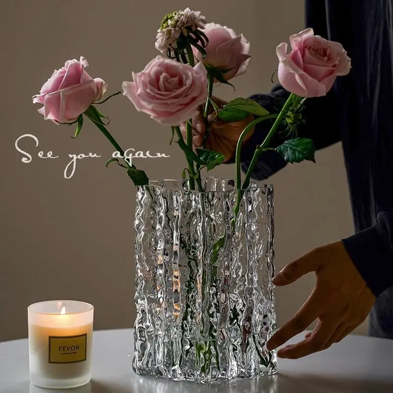 High End Vase with High Aesthetic Value, Open Mouth and Large Caliber Glacier Flower Vase, Transparent Desktop Decoration